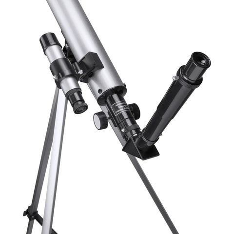 Starwatcher 50mm Refractor Telescope For Beginners with 600mm focal length on tripod, showcasing coated optics and eyepiece.