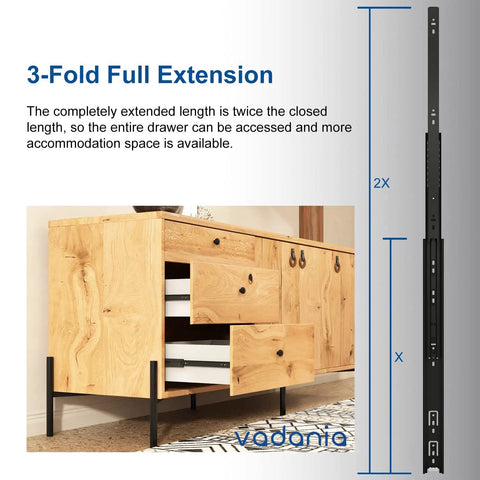Push To Open Drawer Slide 18 Inch Kit With 3 Fold Full Extension Heavy Duty 100lb Load Capacity Ball Bearing Side Mount installed in wooden cabinet