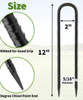Black 12 inch heavy duty U-shaped trampoline wind stake with chisel point, ribbed for grip, 5/16 inch diameter, size chart