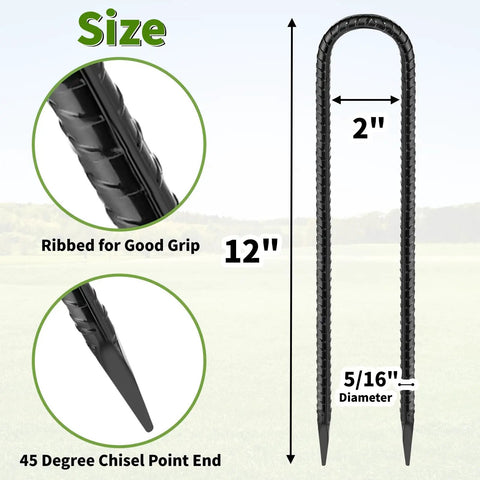 Black 12 inch heavy duty U-shaped trampoline wind stake with chisel point, ribbed for grip, 5/16 inch diameter, size chart