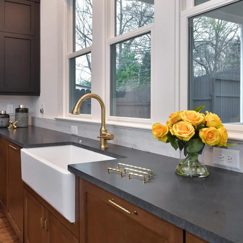Champagne Bronze Cabinet Pulls 3 Inch Twisted Wave Design Set of 6 installed in a modern kitchen drawer, zinc alloy construction.
