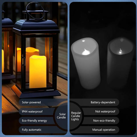 Image showing a solar-powered pillar candle set of 4, 3.25 inch by 6 inch, waterproof LED flameless, dusk to dawn outdoor use.