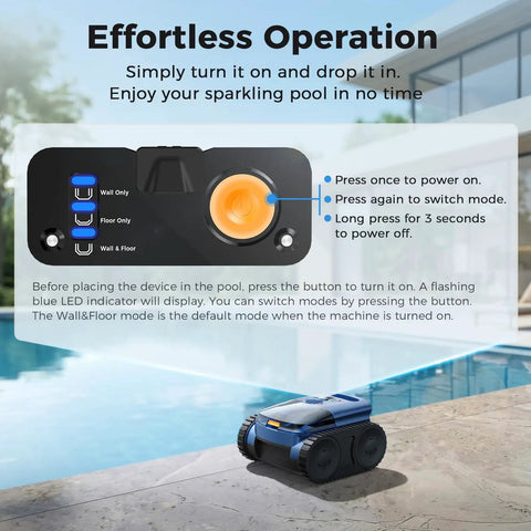 Cordless Inground Pool Vacuum Robot next to pool, highlighting its easy operation for cleaning floors, walls, and waterline.