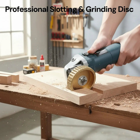 Person using angle grinder with 7 piece angle grinder wood carving disc set for four inch or four and a half inch grinders with five eighth inch arbor on wooden board.