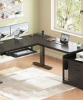 L Shaped Electric Standing Desk With File Cabinet And Drawers, 63 By 53 Inch Height Adjustable Computer Desk For Home Office, Black