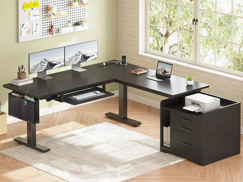 L Shaped Electric Standing Desk With File Cabinet And Drawers, 63 By 53 Inch Height Adjustable Computer Desk For Home Office, Black