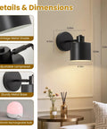 Details of Lightess Battery Powered Wall Sconces Set of Two Black with Remote Control, showcasing adjustable lamp head and sturdy metal base.