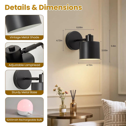 Details of Lightess Battery Powered Wall Sconces Set of Two Black with Remote Control, showcasing adjustable lamp head and sturdy metal base.