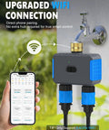 2 Zone WiFi Sprinkler Timer With App Control connected to garden faucet, showing Bluetooth hose timers and mobile app display.
