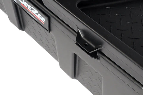 Beefy Poly Plastic Storage Chest With Double Wall Lid And Built In Cup Holders With Secure Locking Tabs For Truck Bed Hauling And Gear Stash Thirty Five Inch Organizer