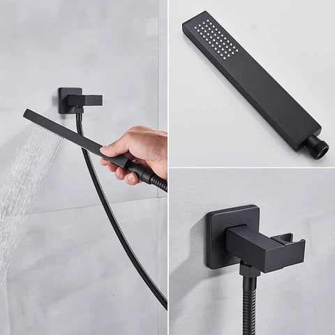 UMJIGF Shower System Black Led Digital Display Shower Faucet Set with Waterfall Tub Spout, Wall Mounted Shower Combo Set Brass Mixer Shower with Handheld Shower, Led Shower Head,10 Inch featuring sleek handheld shower and mount.