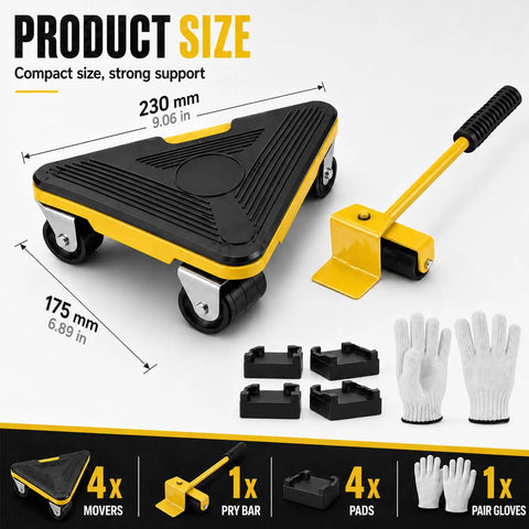 Heavy Duty Furniture Movers For Heavy Objects Set Includes 4 Triangular Moving Dollies with silent wheels and pry bar tool.