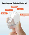 Close-up of PVC transparent corner guard held by fingers, labeled BPA-free, soft, no heavy metals; for table corner guards for baby safety.