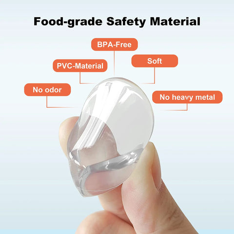 Close-up of PVC transparent corner guard held by fingers, labeled BPA-free, soft, no heavy metals; for table corner guards for baby safety.