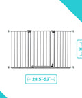 Secure Space Extra Wide Kid Safe Baby And Pet Gate For Doorways And Stairs Fits Openings From Twenty Eight And A Half Inches To Fifty Two Inches Wide Thirty Inches Tall Pressure Or Hardware Mounted Auto Close And Hold Open Grey gate with dimensions 28.5 to 52 inches wide and 30 inches tall.