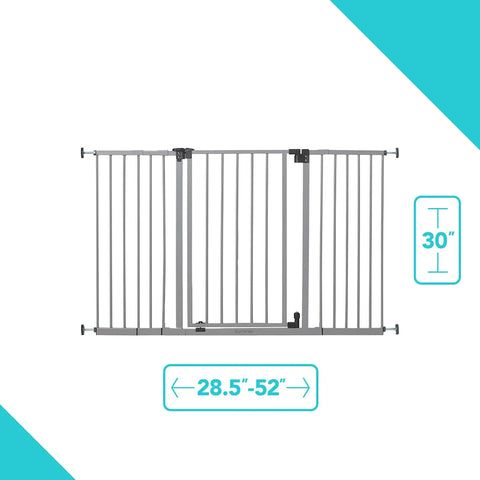 Secure Space Extra Wide Kid Safe Baby And Pet Gate For Doorways And Stairs Fits Openings From Twenty Eight And A Half Inches To Fifty Two Inches Wide Thirty Inches Tall Pressure Or Hardware Mounted Auto Close And Hold Open Grey gate with dimensions 28.5 to 52 inches wide and 30 inches tall.