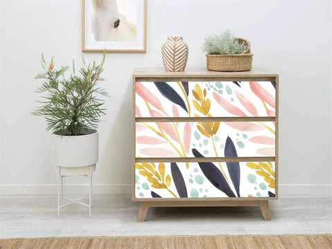 Dresser with Peel And Stick Floral Forest Wallpaper Removable Vinyl Shelf Liner With Watercolor White Pink Navy Yellow Design