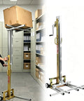 Handy Portable Material Lift Stacker With Manual Winch Forklift For Heavy Boxes, Cabinets, And Equipment Up To 80kg in use lifting a box