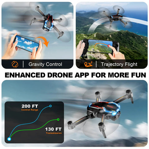 Flying 2K HD FPV Drone with Altitude Hold and 90 Degree Camera showing smart control features on smartphone screens.