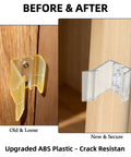 Before and after comparison of Universal Fit RV Sliding Mirrored Door Latch H527 Replacement, showing old yellowed latch and new clear latch.