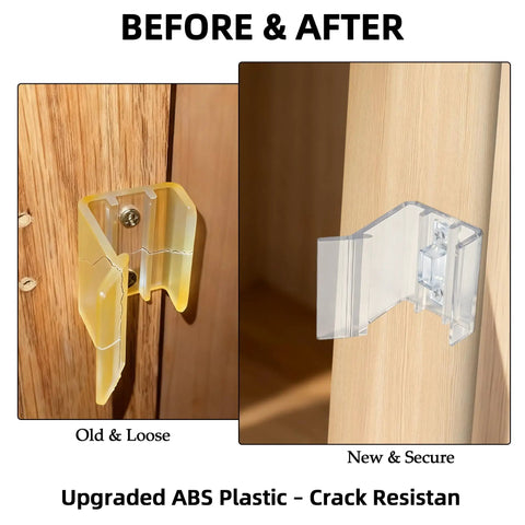 Before and after comparison of Universal Fit RV Sliding Mirrored Door Latch H527 Replacement, showing old yellowed latch and new clear latch.