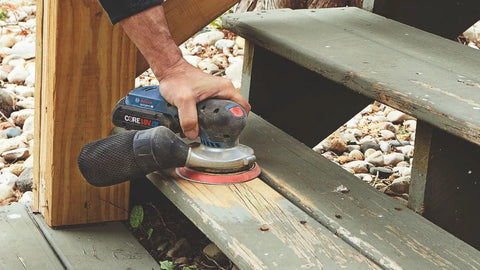 18V Brushless 5 Inch Cordless Random Orbit Sander Bare Tool With Ergonomic Palm Grip used on wood steps for smooth stock removal