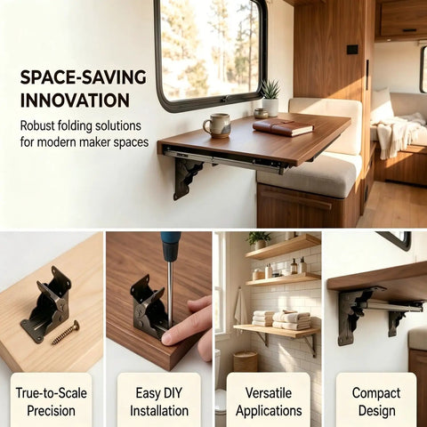 Rock Solid Folding Leg Brackets 4 Pack Heavy Duty Self Locking Steel Mounts With Screws For Workbench Table Bed Bench DIY Furniture Projects Built Like A Tank Dark Bronze Finish mounted on a wall with wood tabletop.