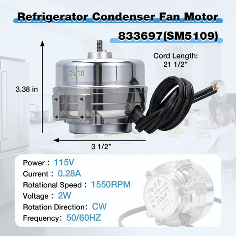 Universal Refrigerator Condenser Fan Motor 115V 1550RPM 2W Replacement With Dual Frequency 50 60 Hz, side view