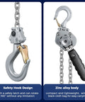 Safety hook and body of Mini Lever Chain Hoist 1100Lbs 0.5T with 10 Ft Lift Aluminum Alloy Come Along G80 Chain