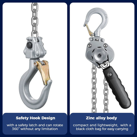 Safety hook and body of Mini Lever Chain Hoist 1100Lbs 0.5T with 10 Ft Lift Aluminum Alloy Come Along G80 Chain