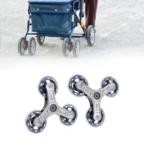 2X Triangle Caster Wheels for folding shopping carts and dollies shown with a cart on a textured surface, highlighting smooth rolling performance.