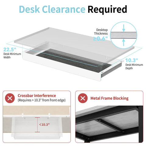 Desk clearance requirements for Kick Clutter To The Curb With This Sleek White Slide Out Under Desk Drawer details.