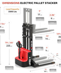 Top Rated Heavy Duty Electric Forklift Walkie Pallet Stacker With Fixed Straddle Legs And Adjustable 5.5 To 27 Inch forks. 3300 lbs capacity shown with dimensions.