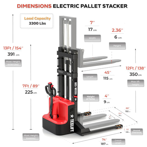 Top Rated Heavy Duty Electric Forklift Walkie Pallet Stacker With Fixed Straddle Legs And Adjustable 5.5 To 27 Inch forks. 3300 lbs capacity shown with dimensions.