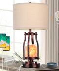 2 In 1 Farmhouse Table Lamp With Himalayan Salt Night Light, featuring USB A C ports, touch control, and dimmable LED bulb