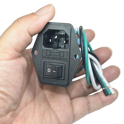 2 Pack IEC320 C14 Panel Mount Power Connector Socket 15A 250V in hand with 14 AWG copper terminals and switch visible