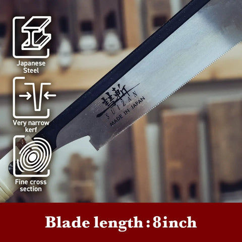 Close-up of Dozuki Dovetail Pull Saw with 8-inch ultra thin 0.008 inch blade, showing blade details and Japanese steel