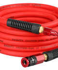 Slick Hybrid Air Compressor Hose 1/4 Inch By 25 Ft with aluminum coupler coiled, bright red, kink-free hose for garage use.
