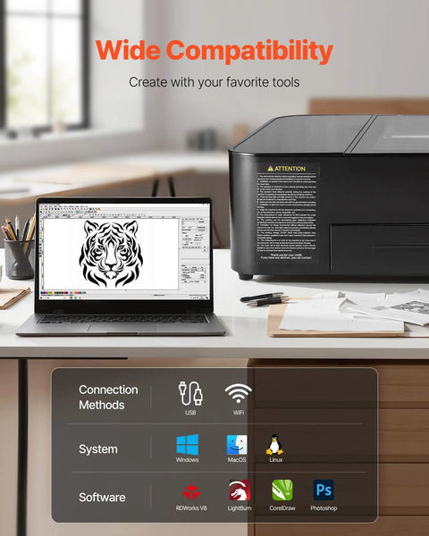 Laptop connected to a 55W CO2 Laser Engraver And Cutter With 20x12 Inch Working Area Desktop Machine Built In 16MP Camera
