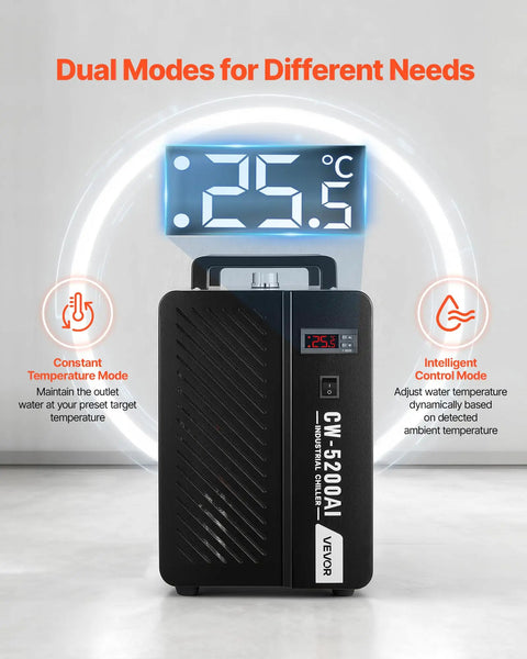 Heavy Duty Industrial Water Chiller Packing 5460 Btu Hourly Cooling Power Features Slick Dual Temp Regulation And 4 2 Gpm Peak Flow. Display shows 25.5°C.