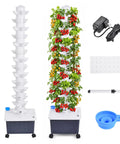 Vertical Hydroponic Growth Tower with 14 layers and 70 slots, automatic watering system, next to its components for setup.
