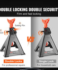Jack stands, VEVOR 6-ton, red top and black base; pair shown with double-lock vs single-lock system.