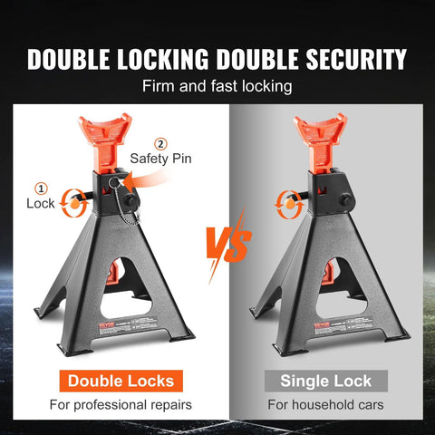 Jack stands, VEVOR 6-ton, red top and black base; pair shown with double-lock vs single-lock system.