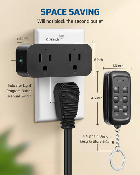 Indoor Remote Outlet Switch Set With Two Independent Outlets, shown with remote control and keychain design, black.