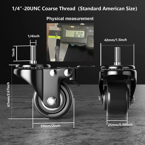 Built Tough Heavy Duty Two Inch Stem Caster Wheels Set Of Four With Six Hundred Pound Capacity Threaded Stem Quarter Inch By One Inch Dual Locking Brakes Industrial Castors For Cart And Furniture Includes Nuts Washers And Wrenches shown with dimensions and physical measurement.