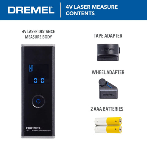 Components of 3-In-1 Digital Measurement Tool including laser measure, tape, wheel adapter, and batteries displayed.