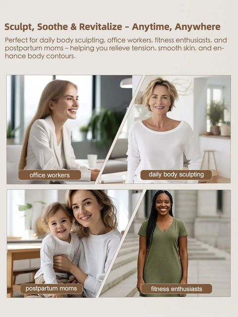 Four women representing office workers, daily body sculpting, postpartum moms, and fitness enthusiasts in a promotional image.