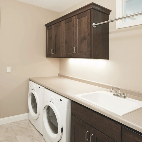 Laundry room with 12 Inch Hardwired Under Cabinet Lights With On/Off Switch, 2700K Warm White LED Lighting, illuminating countertops.