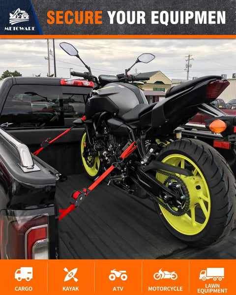 4 Pack Auto Retracting Ratchet Straps 1x10 Ft Self Roll Back System securing a motorcycle in a truck bed