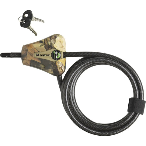 Python Cable Lock With Key, 6 Ft Long, 5/16 Inch Braided Steel Cable, Cut Resistant Security, camo head, two keys shown